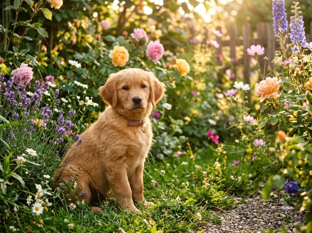 Golden retriever photo before watermark removal — visible Gemini sparkle logo in corner