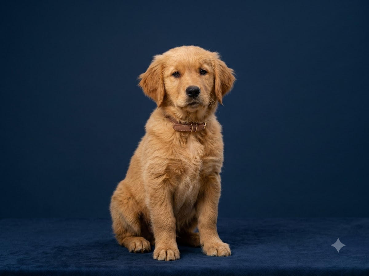 Golden retriever photo before watermark removal — visible Gemini sparkle logo in corner